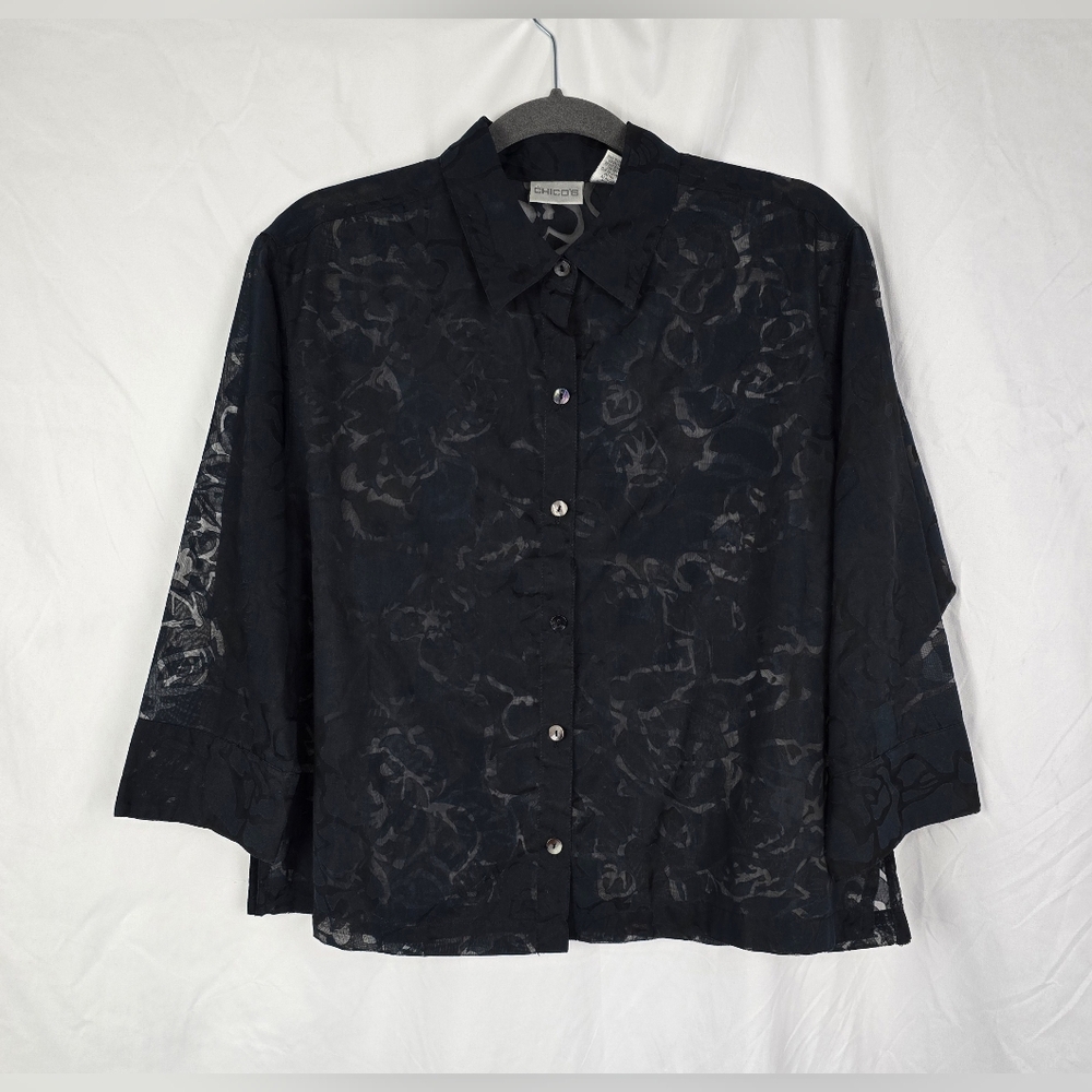 Chico's Sheer Floral Pearl Button-Up 3/4 Sleeve Minimalist Boxy Top sz 1 (M/8)